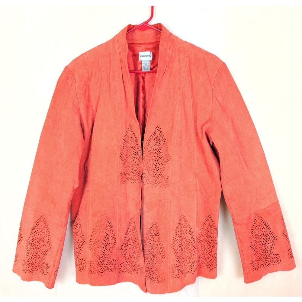 Chicos coral suede leather laser cut jacket Size 2/Large Boho Western Retro